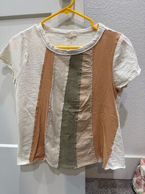 Hem & Thread Cream Short Sleeve Tee with Tan & Olive Stripes Small
